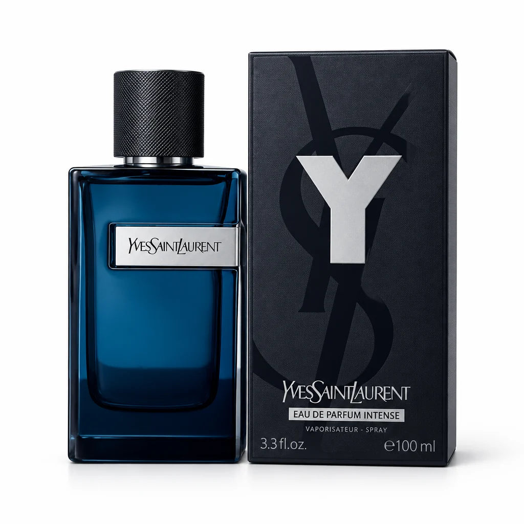 Yves Saint Laurent Eau de Parfum Intense 100ml bottle in dark blue glass next to its black packaging box featuring a large silver Y logo.