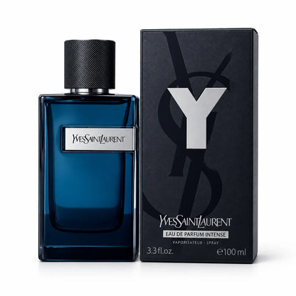 Yves Saint Laurent Eau de Parfum Intense 100ml bottle in dark blue glass next to its black packaging box featuring a large silver Y logo.
