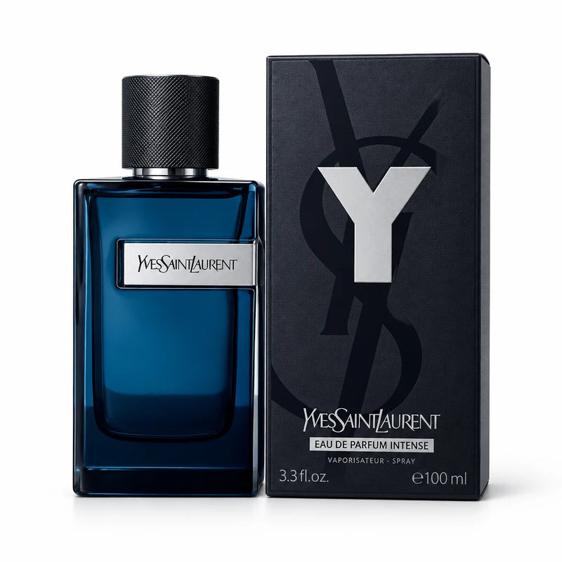 Yves Saint Laurent Eau de Parfum Intense 100ml bottle in dark blue glass next to its black packaging box featuring a large silver Y logo.